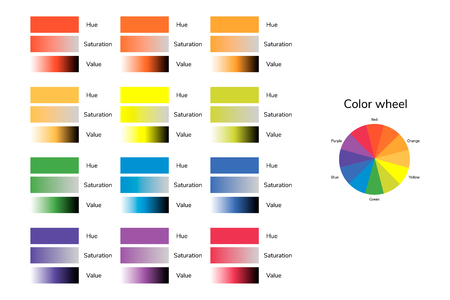 vector illustration of color circle, hue, saturation, value, infographics, red, blue green yellow orange purpleのイラスト素材