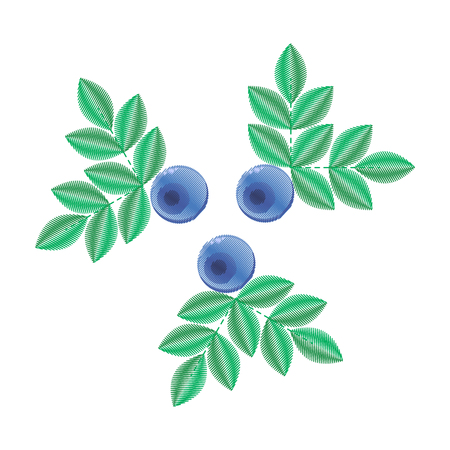 vector illustration, imitation of embroidery. blue forest summer berry with green leaves. Bilberries.のイラスト素材