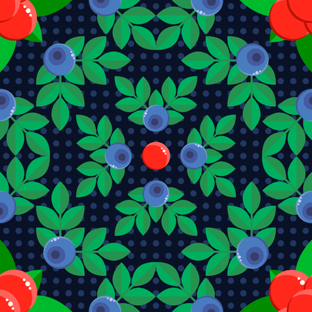 vector illustration. seamless pattern. background with forest berries bilberry and stone bramble blue and red with green leaves.のイラスト素材