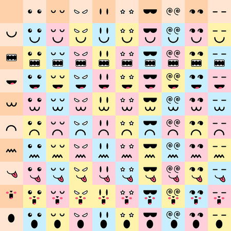 vector illustration. big set cute doodle monster mouth and eyes. 81monster faces. emotionsのイラスト素材