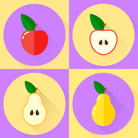 vector illustration. set flat round icon. red apple, half apple, yellow pear, half pearのイラスト素材