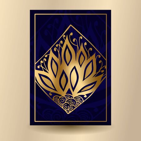 vector illustration. Dark blue banner with a golden pattern. Postcard with abstract fire. Poster.のイラスト素材