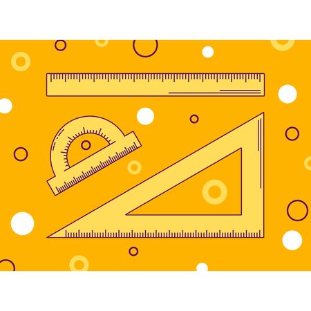 vector illustration, ruler, triangle and protractor, line art, orange background with pattern of circles, back to schoolのイラスト素材