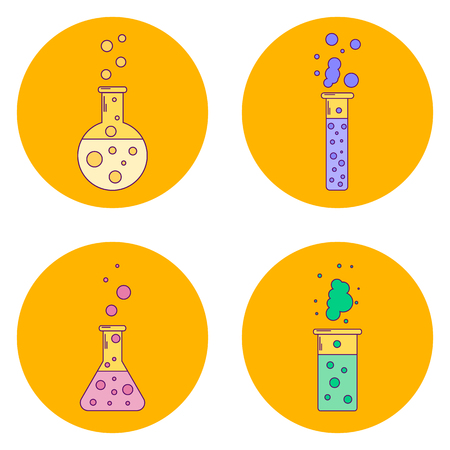 vector illustration set orange icons flask with liquids, line art, bubbles, chemical bottleのイラスト素材