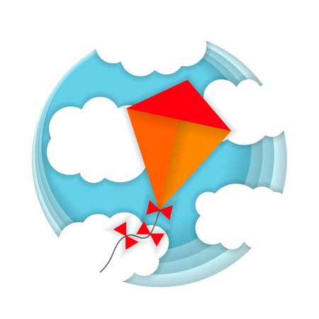 vector illustration. Paper art carving of a kite in the blue sky and clouds. World Kite Day.のイラスト素材