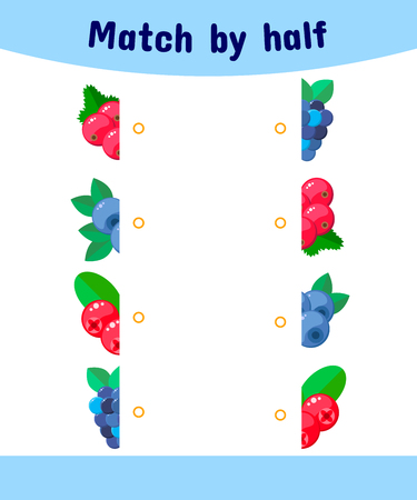 Vector illustration. Matching game for children. Connect the halves of the berry. 
Blueberry, currant, cranberryのイラスト素材