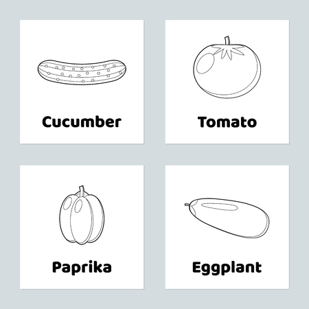 Game for children, vegetables vector illustration. Set coloring page, tomato, cucumber, paprika, eggplant.のイラスト素材