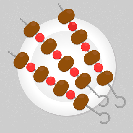 vector illustration. Pieces of meat on a skewer. Barbecue, grill, shashlik, kebab. On a white plate. Cherry tomatoes.のイラスト素材