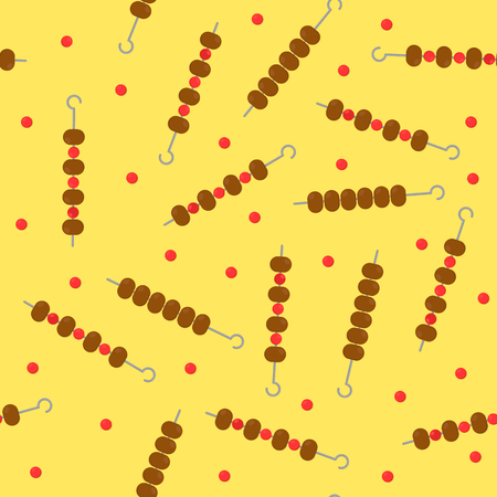 Vector illustration. Food background. Barbecue, grill, shashlik, cherry tomatoes on skewers. Yellow seamless pattern.のイラスト素材