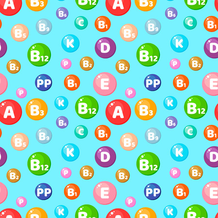 vector illustration. Seamless pattern with round colored vitamins. Background with trace elements for use in medicine and health.のイラスト素材