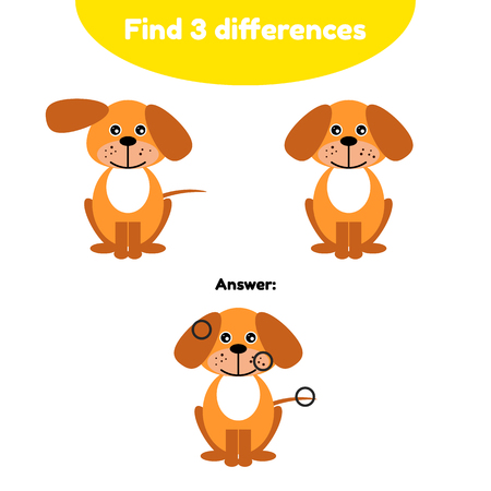 Vector illustration. Puzzle game for preschool children. Find 3 differences. With the answer. brown cute cartoon dog, puppy with boneのイラスト素材