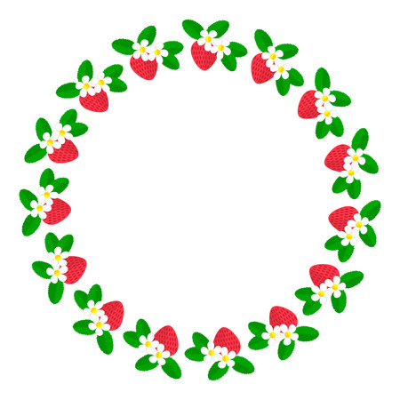 Vector illustration. Round frame of berries. Strawberry with flowers and leavesのイラスト素材