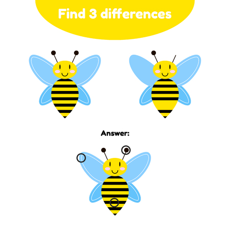 Vector illustration. Puzzle game for preschool children. Find 3 differences. With the answer. cartoon honey bee, black and yellow.のイラスト素材