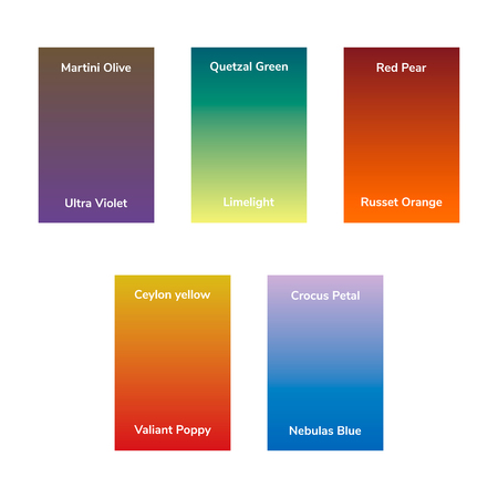 infographics, trendy fashion colors of the 2018 fall, winter, gradient. Martini Olive, Quetzal Green, Red Pear, Ultra Violet, Limelight, Russet Orange, Ceylon yellow, Crocus Petal, Valiant Poppyのイラスト素材