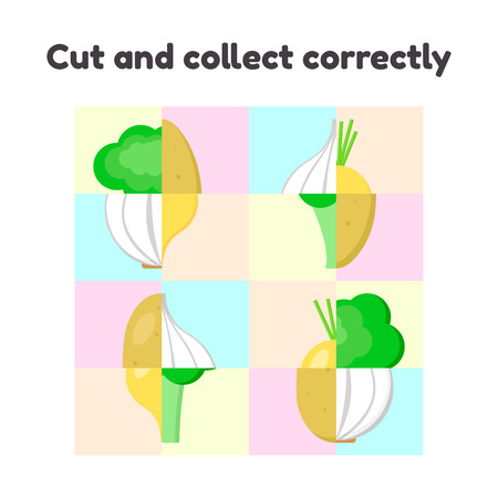 vector illustration. puzzle game for preschool and school age children. cut and collect correctly. vegetables, garlic, turnip, broccoli, potatoesのイラスト素材
