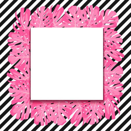vector illustration. exotic tropical pink leaves monstera.square paper banner. Black and white stripes.のイラスト素材