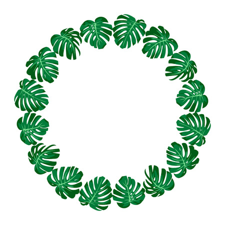 vector illustration. exotic tropical green leaves monstera. round frame.のイラスト素材