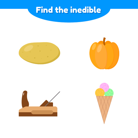 vector illustration. puzzle game for preschool and school age children. find the inedible. potatoes, pumpkin, ice cvector illustration. puzzle game for preschool and school age children. find the inedible. potatoes, pumpkin, ice cream, planeream, planeのイラスト素材