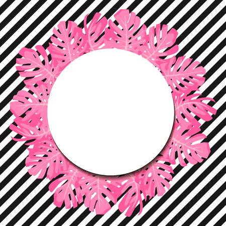 vector illustration. exotic tropical pink leaves monstera. round paper banner. Black and white stripes.のイラスト素材