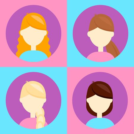 illustration. set 4 avatar for users,flat round icon, female, woman, blonde, redhead brunette blue purple pinkの写真素材
