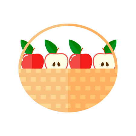 flat illustration. a basket of red apples and half.の写真素材
