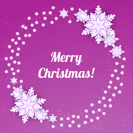 White origami snowflakes with shadow on purple background. Paper cut. Round frame. Vector winter illustration for decorating for the new year and Christmas.のイラスト素材