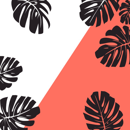 Vector illustration. Color of the year 2019. Living coral. Silhouettes of exotic tropical monstera leaves.のイラスト素材