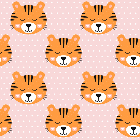Vector illustration. Seamless pattern nursery cute tiger and dots on pink background.のイラスト素材