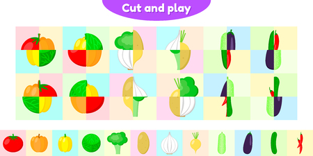 Vector illustration. Educational game for preschool and school age children. Cut and collect correctly. Vegetable. Puzzle for kids.のイラスト素材