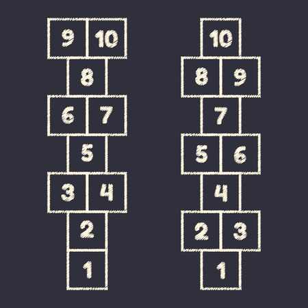 Set hopscotch game for kids. White chalk on black background.のイラスト素材