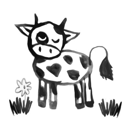 Hand drawn illustration. Cute funny farm animal for kids. Nursery print cow. Black, white.のイラスト素材