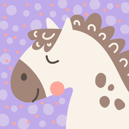 Vector illustration. Cute funny farm animal for kids. Nursery print head cartoon horseのイラスト素材
