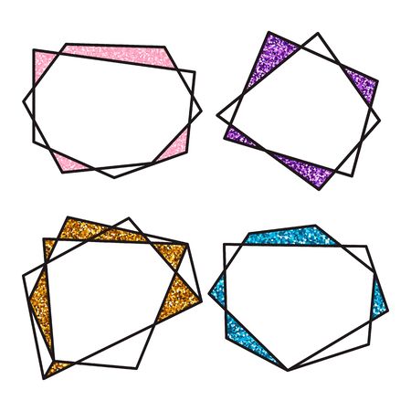 Set geometric polygonal black linear frame. Crystal shapes with glitter. For design greeting cards.のイラスト素材