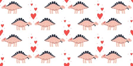 Seamless pattern. Nursery cute print with dinosaurs and hearts. Happy Valentines day. 14 February. Pink, red, dark blue.のイラスト素材