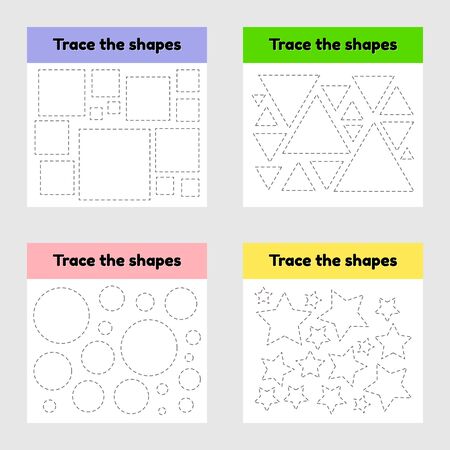 Vector illustration. Educational tracing worksheet for kids kindergarten, preschool and school age. Trace the geometric shape. Dashed lines.のイラスト素材