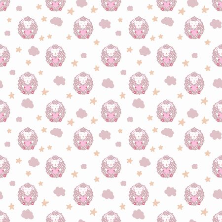 Cute sheep. Star and cloud. Nursery pink seamless pattern. Vector kids illustration. For children's textiles, home decor, clothing.のイラスト素材