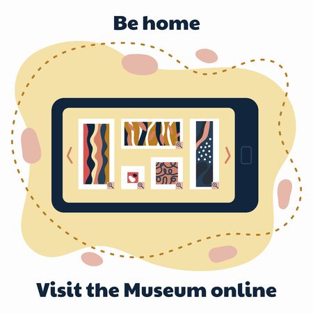 Consept visit the museum online. Be home. Stay home. Gallery in mobile phone. Abstract art. Vector illustration.のイラスト素材
