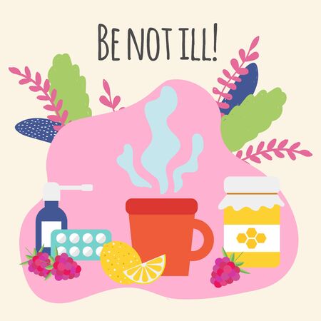 Consept hot tea, lemon, honey, raspberry, tablets, pills, throat spray. Treatment for flu and colds. Be not ill Vector illustrationのイラスト素材