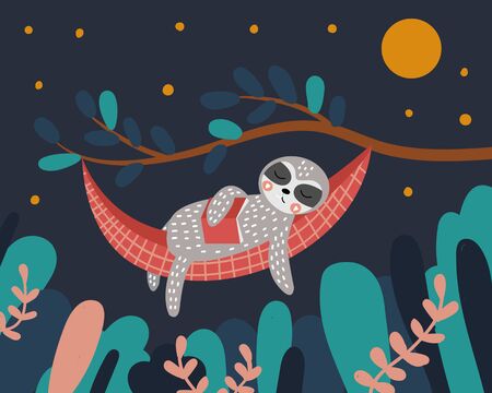 Cute sloth sleeps in a hammock with a book in his hands. Night in the forest. The tree and leaves. Vector illustration.のイラスト素材