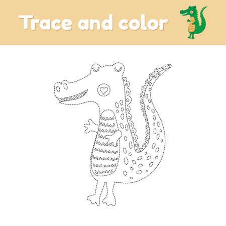 Coloring book with cute wild animal an alligator. For kids kindergarten, preschool and school age. Trace worksheet. Development of fine motor skills and handwriting. Vector illustration.のイラスト素材