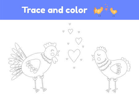 Coloring book with cute farm animal chicken and rooster. For kids kindergarten, preschool and school age. Trace worksheet. Development of fine motor skills and handwriting.のイラスト素材
