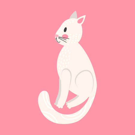 Cute cartoon funny white cat. Print for kids t-shirts and clothes. Isolated on pink background.のイラスト素材