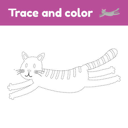 Coloring book with cute animal a cat. For kids kindergarten, preschool and school age. Trace worksheet. Development of fine motor skills and handwriting.のイラスト素材