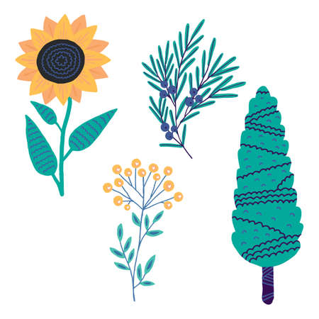 Vector illustration. Cute plant. Cypress, juniper, sunflower, tansy isolated on white background.のイラスト素材