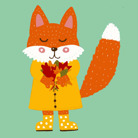 Cute fox in a yellow raincoat and rubber boots with a bouquet of autumn leaves.のイラスト素材