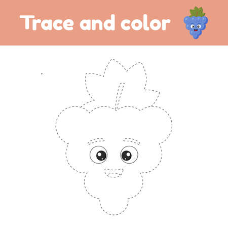 Coloring book with cute fruit a grape. For kids kindergarten, preschool and school age. Trace worksheet. Development of fine motor skills and handwriting. Vector illustration.のイラスト素材