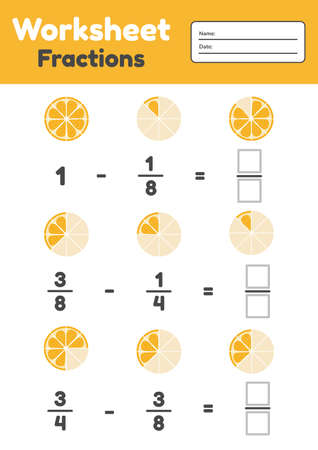 Woorsheet fractions for kids. Subtraction. Math for prechool and school children. Orange. Vector illustration.のイラスト素材