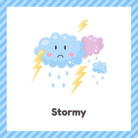 Clouds, thunderstorm. Cute weather stormy for kids. Flash card for learning with children in preschool, kindergarten and school.のイラスト素材