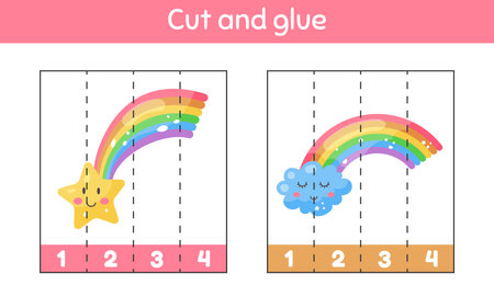 Cut and glue. Learning numbers. Worksheet for kids kindergarten, preschool and school age. Cute weather. Rainbow, cloud and star.のイラスト素材