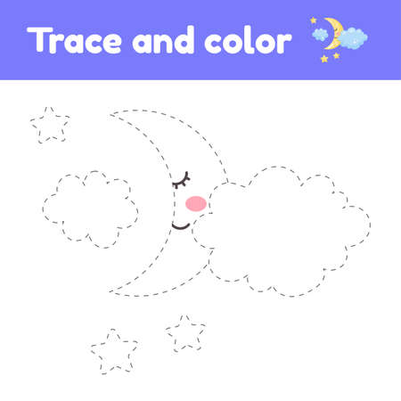 Coloring book with cute moon and clouds. For kids kindergarten, preschool and school age. Trace worksheet. Development of fine motor skills and handwriting.のイラスト素材